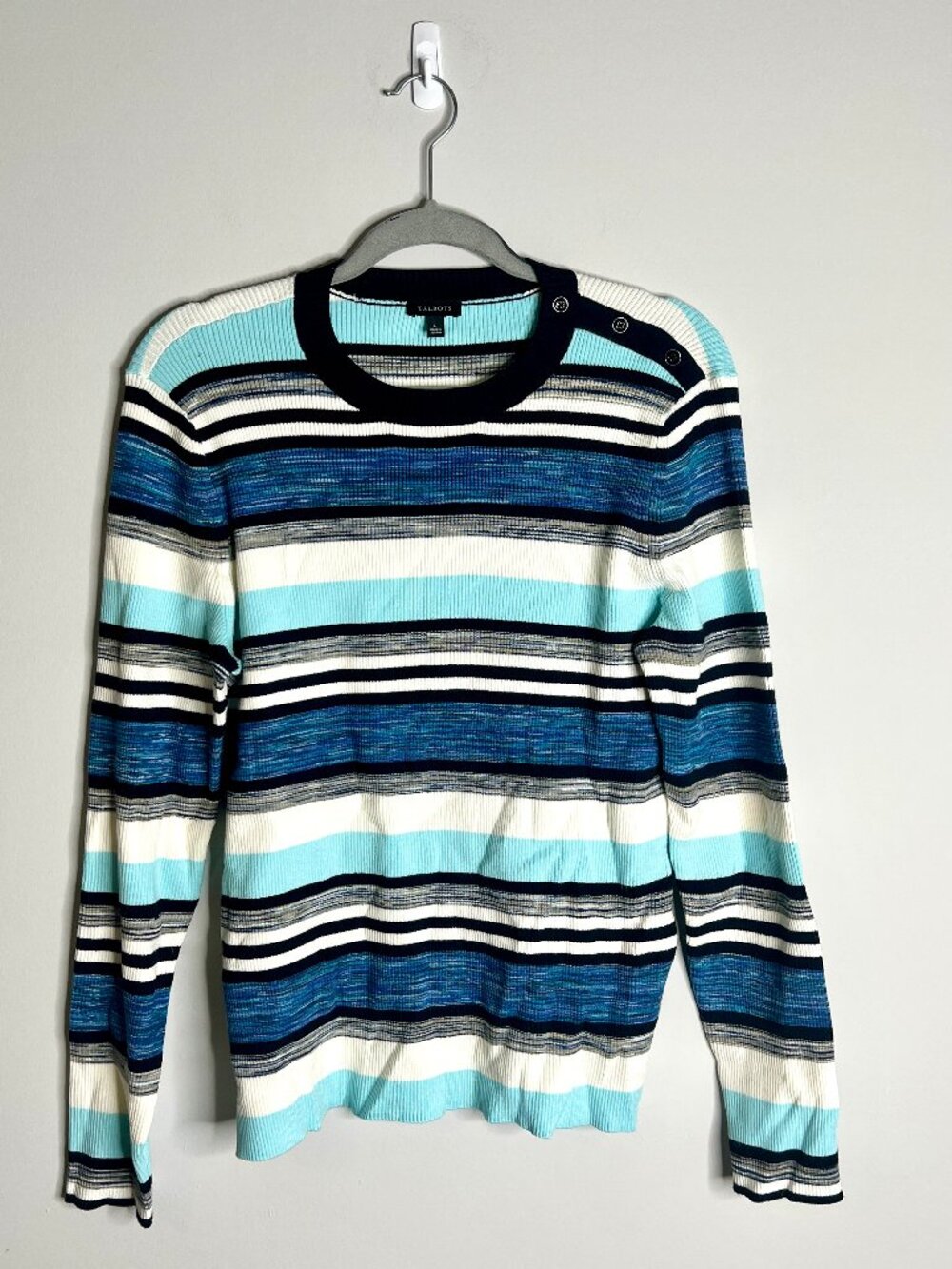 Talbots Crew Neck Sweater Texture Stripe Ribbed Preppy Fitted Long Sleeve Sz L
